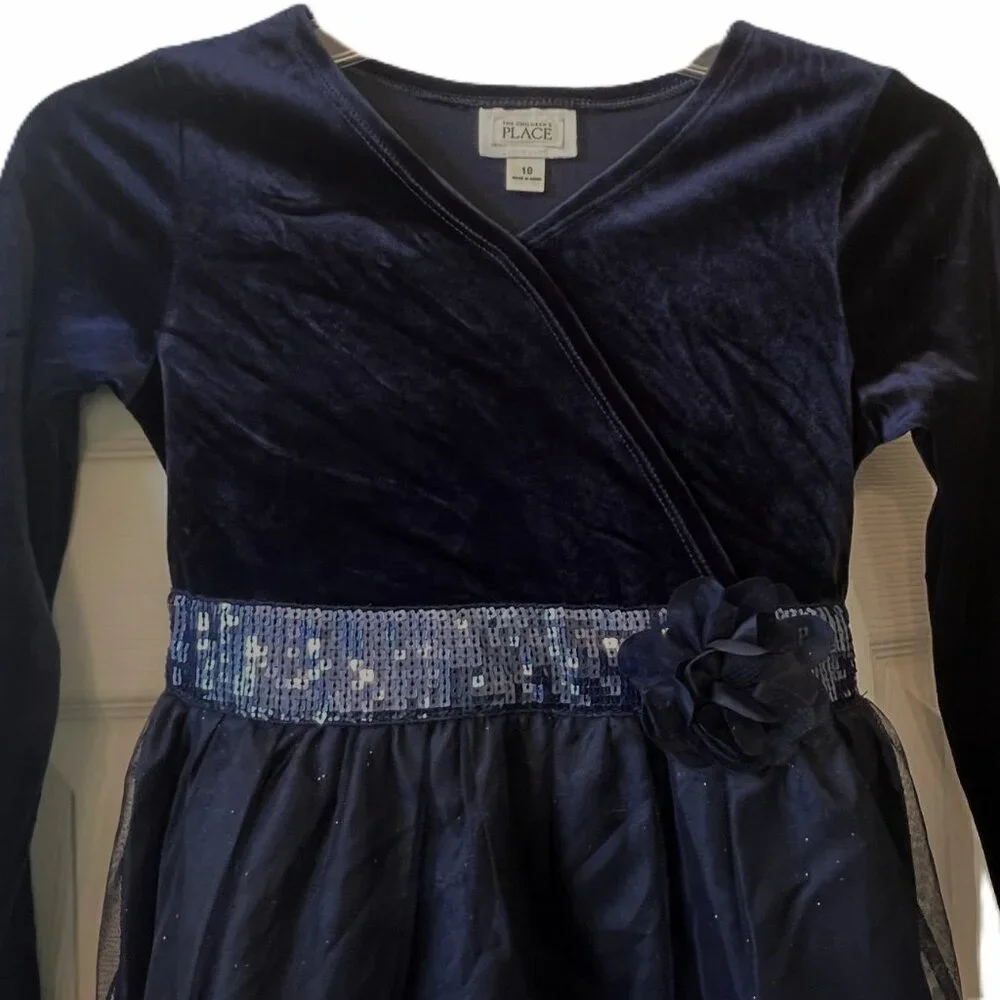 Childrens Place Girl Holiday Formal Wedding Dressy Blue Velveteen Tule Dress